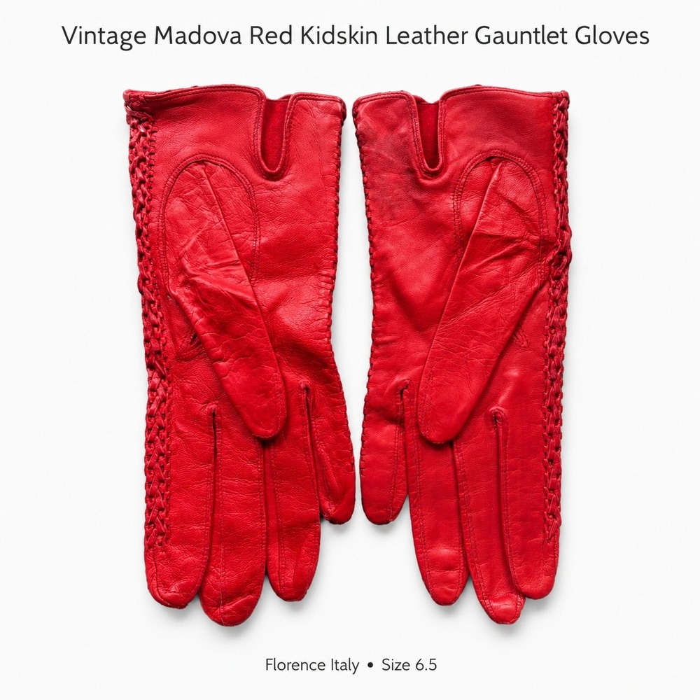 Vintage Madova Red Kidskin Leather Gauntlet Gloves Florence Italy Size 6.5